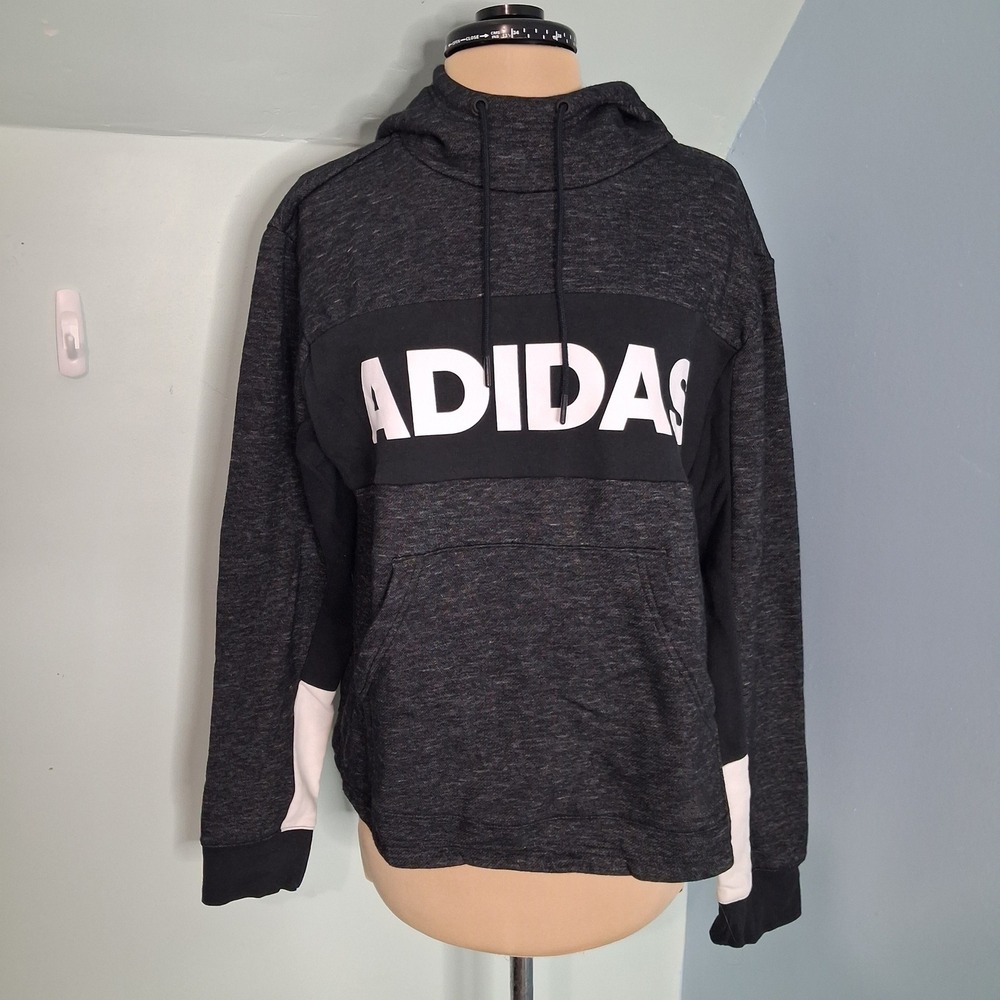 Adidas Hoodie Sweatshirt Womens Size L Gray Spellout Logo Colorblock Hooded